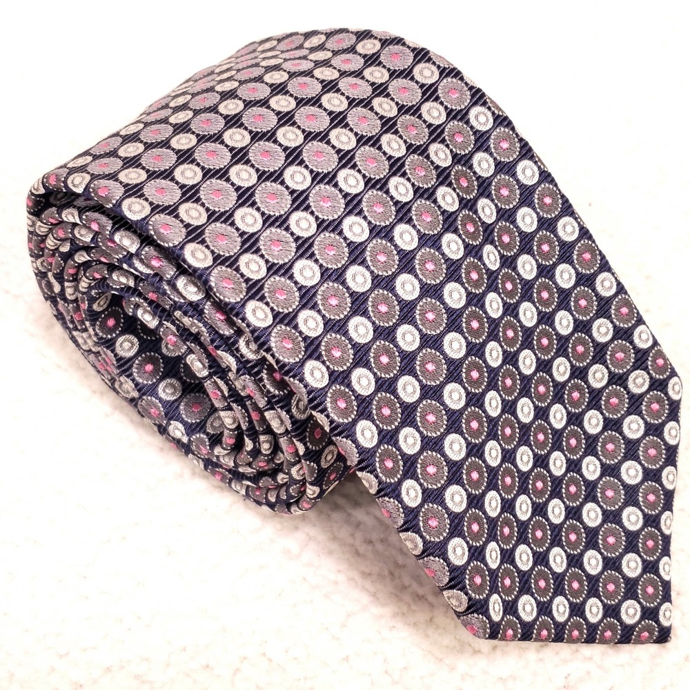 BOSS Necktie Navy Blue Pink Silk Geometric Medallion Made in Italy 3" Wide Hugo